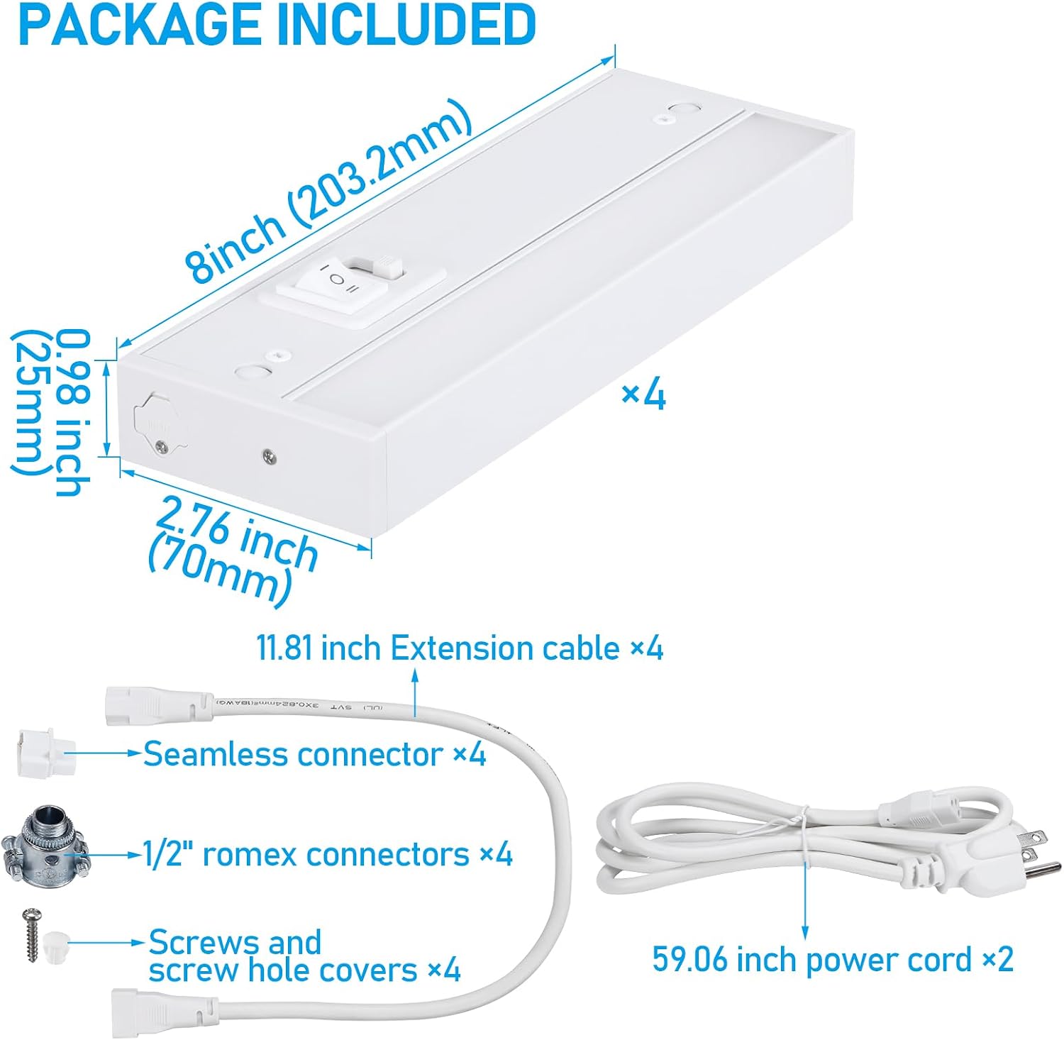 TORCHSTAR 4-Pack 8 Inch 5CCT LED Under Cabinet Lighting Aluminum, White