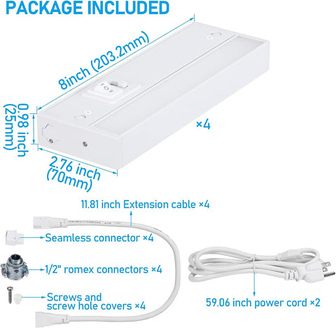 TORCHSTAR 4-Pack 8 Inch 5CCT LED Under Cabinet Lighting Aluminum, White