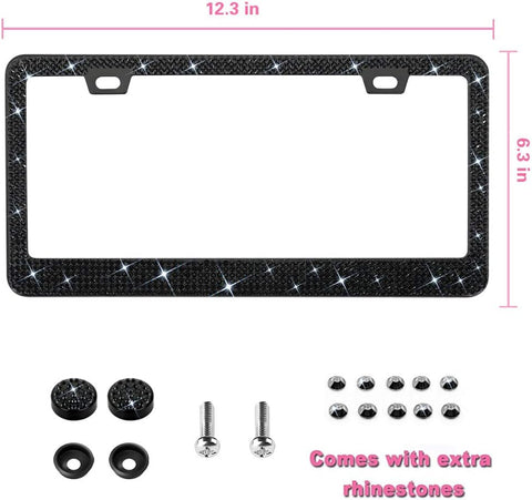 Bling License Plate Frame for Women, 1PCS Sparkly License Plate Frames| Over 1200 pcs 14 Facets Bedazzled Clear Glass Rhinestone Crystals w/Free Glitter Diamond Box (Black)