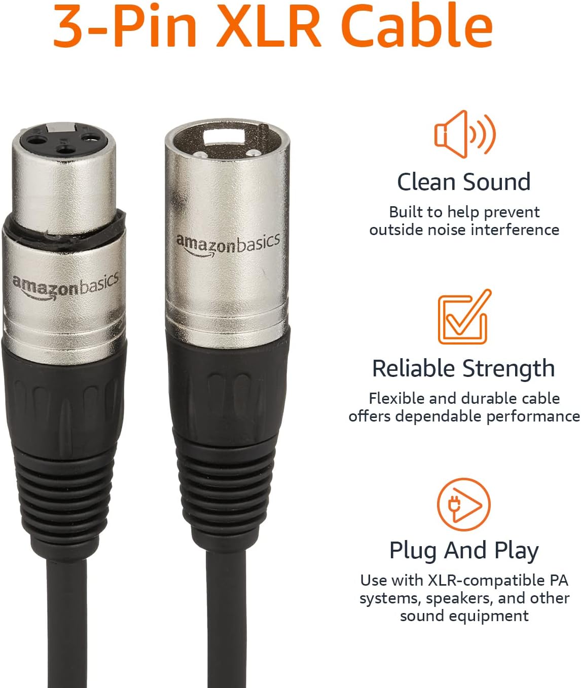 Amazon Basics XLR Microphone Cable for Speaker or PA System, Recording Studio, All Copper Conductors, Low Noise, 10 ft, Black