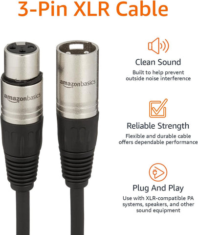 Amazon Basics XLR Microphone Cable for Speaker or PA System, Recording Studio, All Copper Conductors, Low Noise, 10 ft, Black