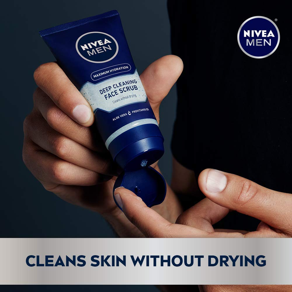 NIVEA MEN Maximum Hydration Deep Cleaning Face Scrub with Aloe Vera and Provitamin B5, Exfoliating Face Wash Cleanses Without Drying, 3 Pack of 4.4 Oz Tubes