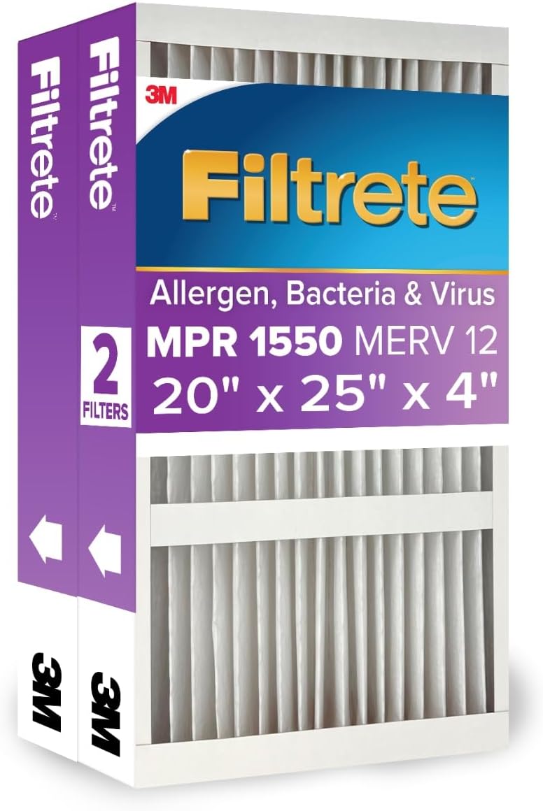 Filtrete 20x25x4 Air Filter MERV 12, MPR 1550 Certified Asthma & Allergy Friendly 2-Pack, Fits Honeywell & AprilAire, AC Furnace HVAC Filters, Pleated Electrostatic (Actual Size 19.88x24.63x4.31 in)