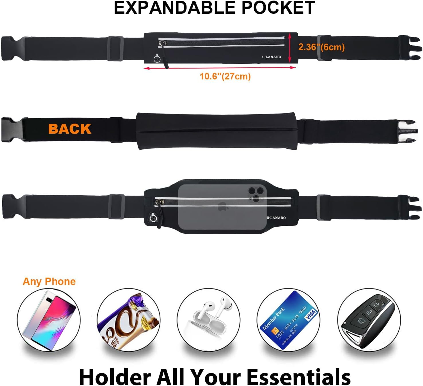 Slim Running Belt Fanny Pack for Men Women, Running Phone Holder Runners Pouch Waist Pack for Workout, Money Belt, Running Gear Accessories [Fits ALL Phones]