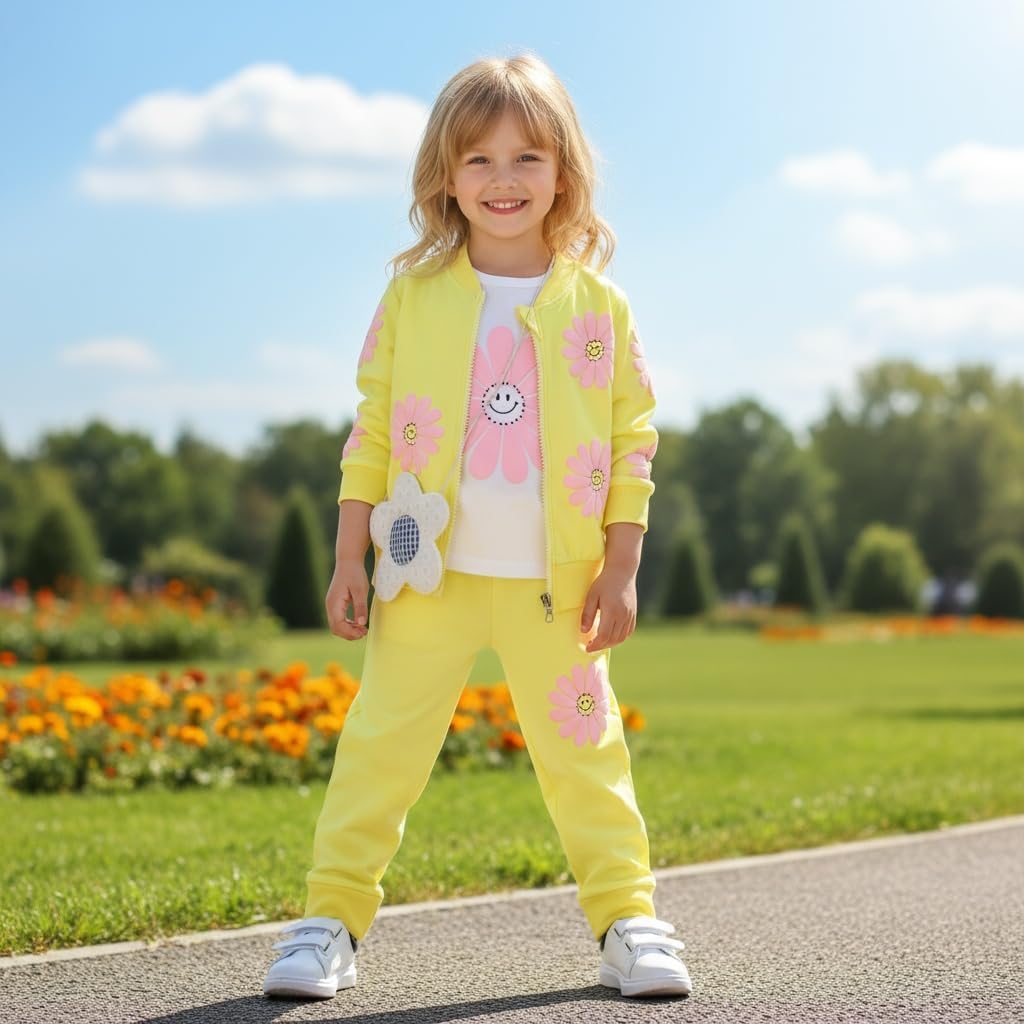 Yao 1-5Years Toddler&Little Girls Flowers Print 3 Piece Sets T Shirt Vest and Pants