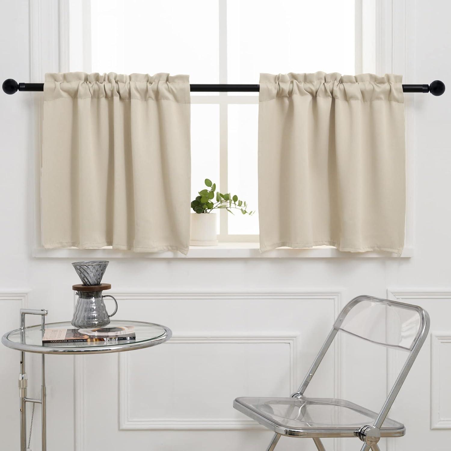 Pickluc Rod Pocket Tier Curtain - Half Blackout Curtain for Kitchen, Bathroom, Cabinet, Basement, 42 Inches Wide and 24 Inches Long, Ivory/Cream, 2 Panels