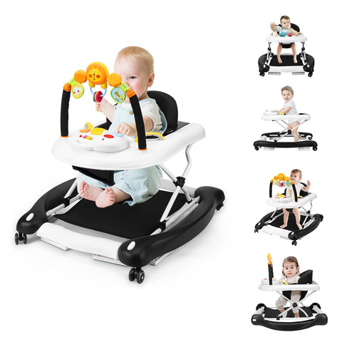 Boyro Baby Baby Walker, 5-in-1 Black Baby Walkers for Boys and Girls 6-12 Months with Bouncer, Removable Footrest, Feeding Tray & Music, Foldable & Adjustable Walker for 6-18 Months Toddler Infant