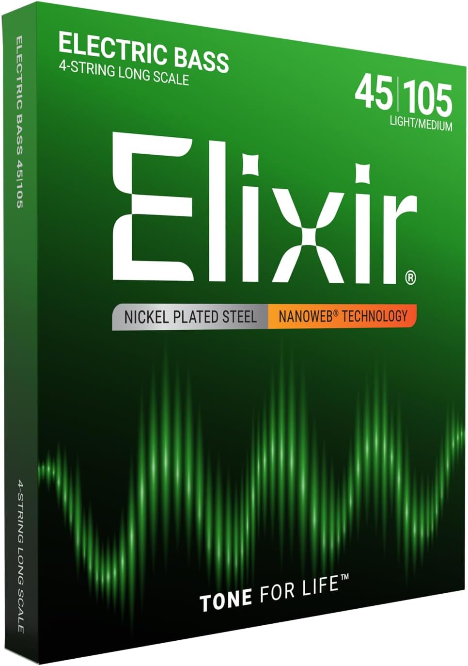 Elixir Strings, Electric Bass Guitar Strings, Nickel Plated Steel with NANOWEB Technology, Longest-Lasting Warm Tone with Comfortable Feel, 4-String Set, Long Scale, Light/Medium 45-105