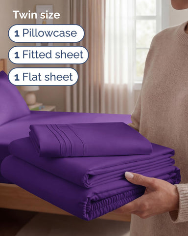 Twin Size 3 Piece Sheet Set - Comfy Breathable & Cooling Sheets - Purple