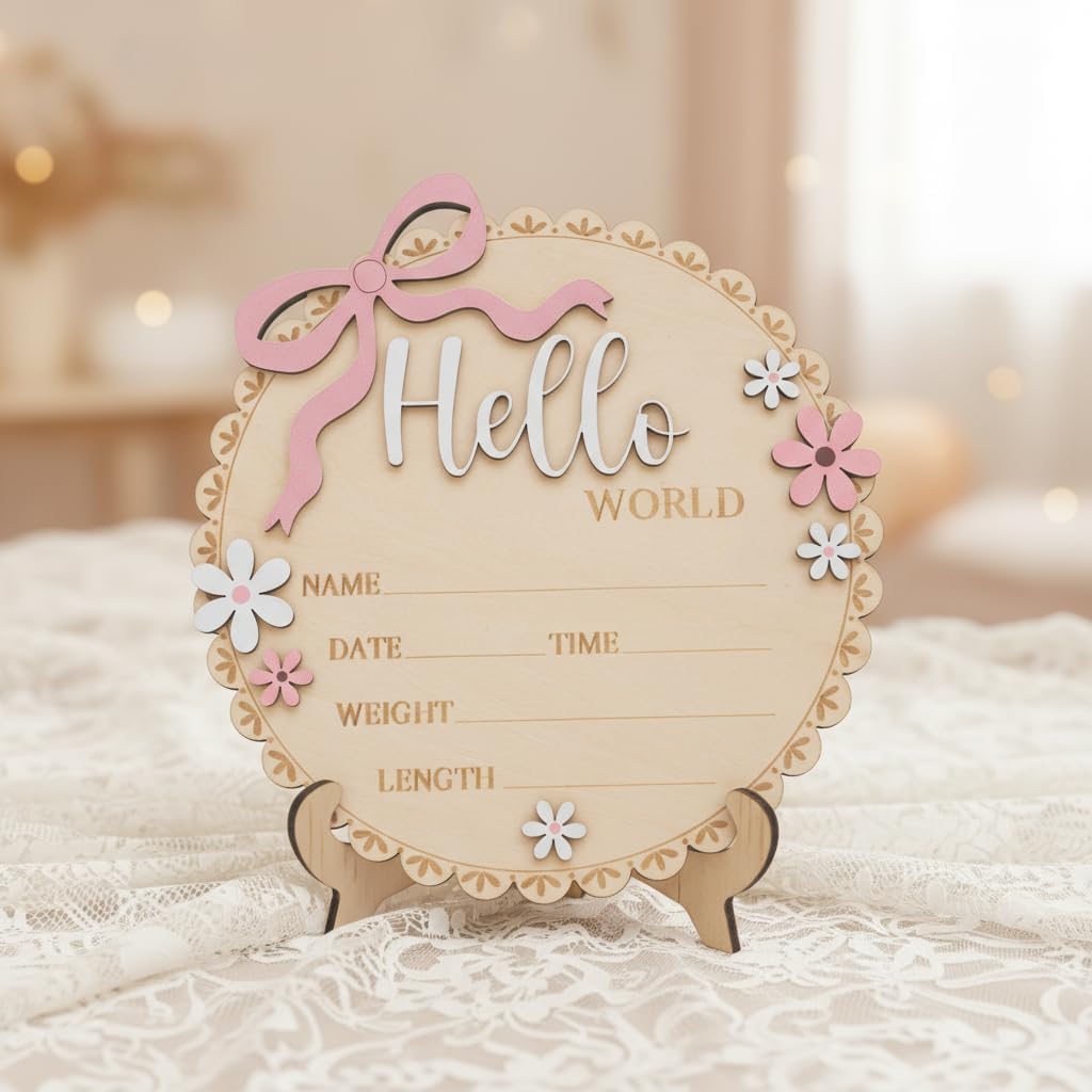 Hello World Wooden Baby Birth Announcement Sign, Pink Floral Newborn Name Date Time Weight Length Board, Baby Girl Nursery Decor Photo Prop Keepsake (Light Pink)