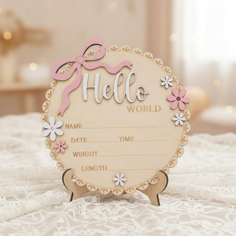 Hello World Wooden Baby Birth Announcement Sign, Pink Floral Newborn Name Date Time Weight Length Board, Baby Girl Nursery Decor Photo Prop Keepsake (Light Pink)