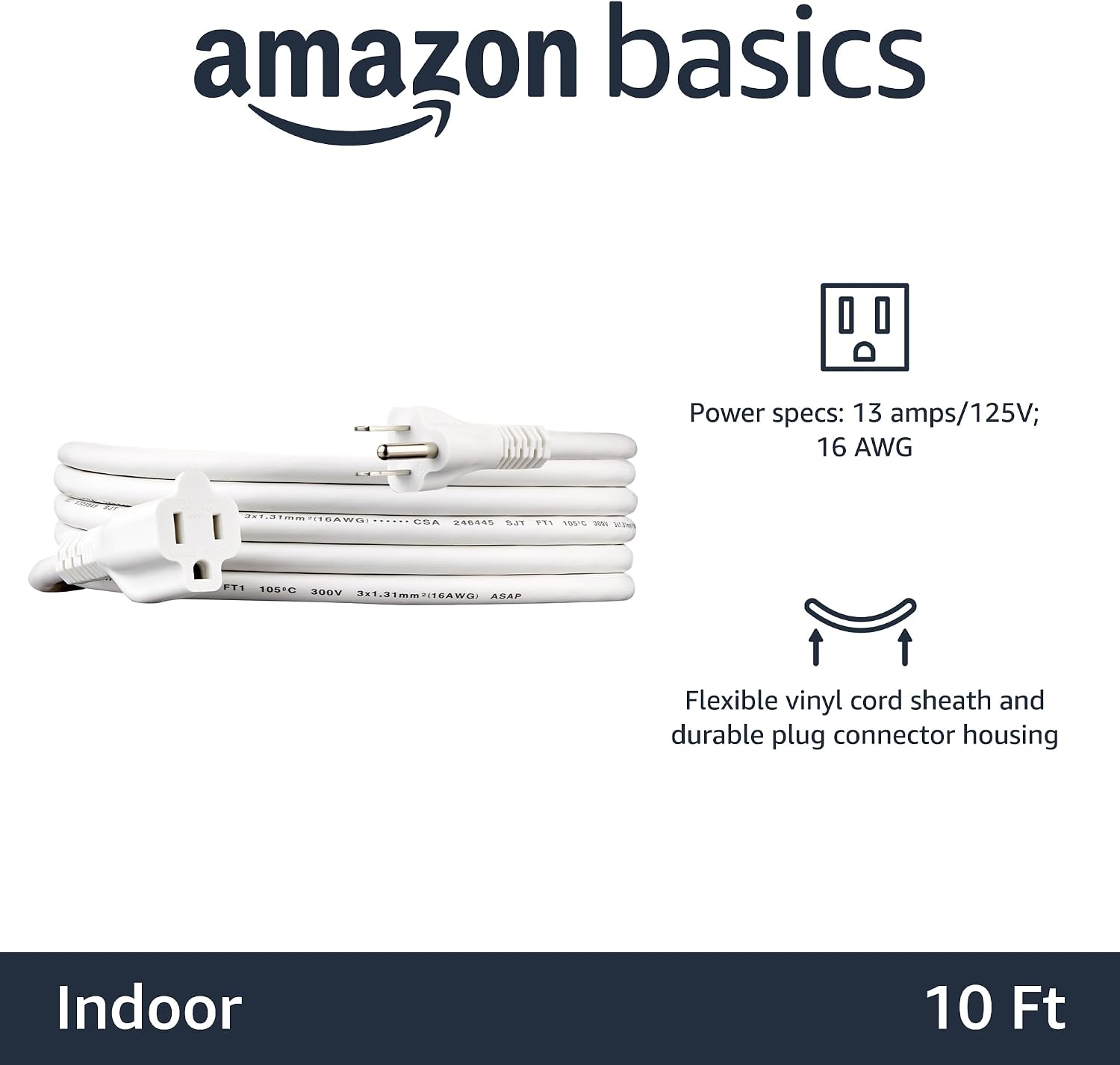 Amazon Basics Extension Cord, 10 Ft, 3-Prong Outlet Extender, Indoor Use, 13 Amps, 125V, White