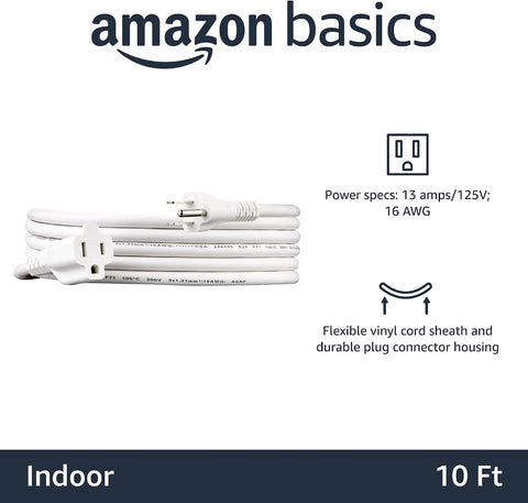 Amazon Basics Extension Cord, 10 Ft, 3-Prong Outlet Extender, Indoor Use, 13 Amps, 125V, White