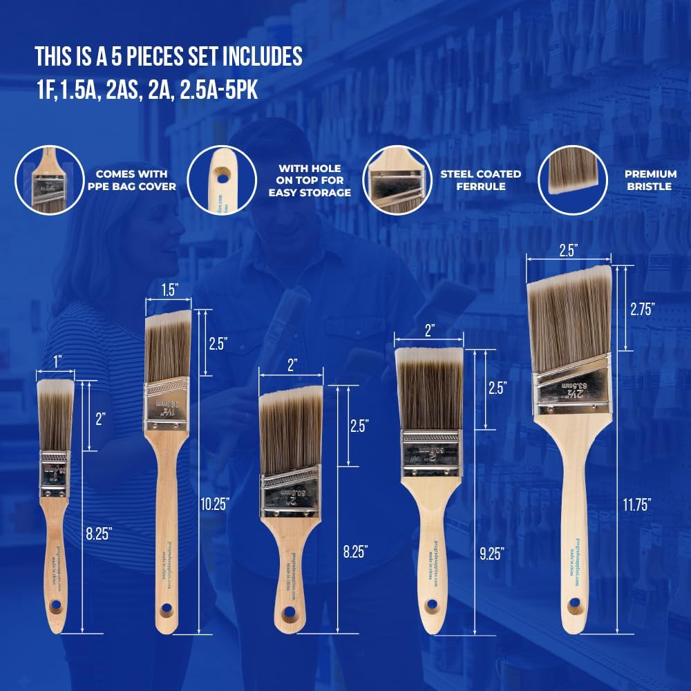 Pro Grade Paint Brushes, Paint Brush Set for Walls, Trim & Stain, 5-Piece