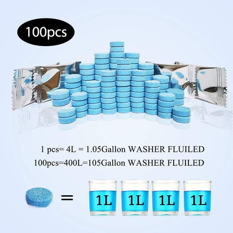 DOKIKO 100 Pcs Atuo Windshield Washer Tablets,Windshield Wiper Fluid,1 Pack Makes 105 Gallons,1 Piece Makes 1.05 Gallons(Winter: Use With De-icer or Methanol)