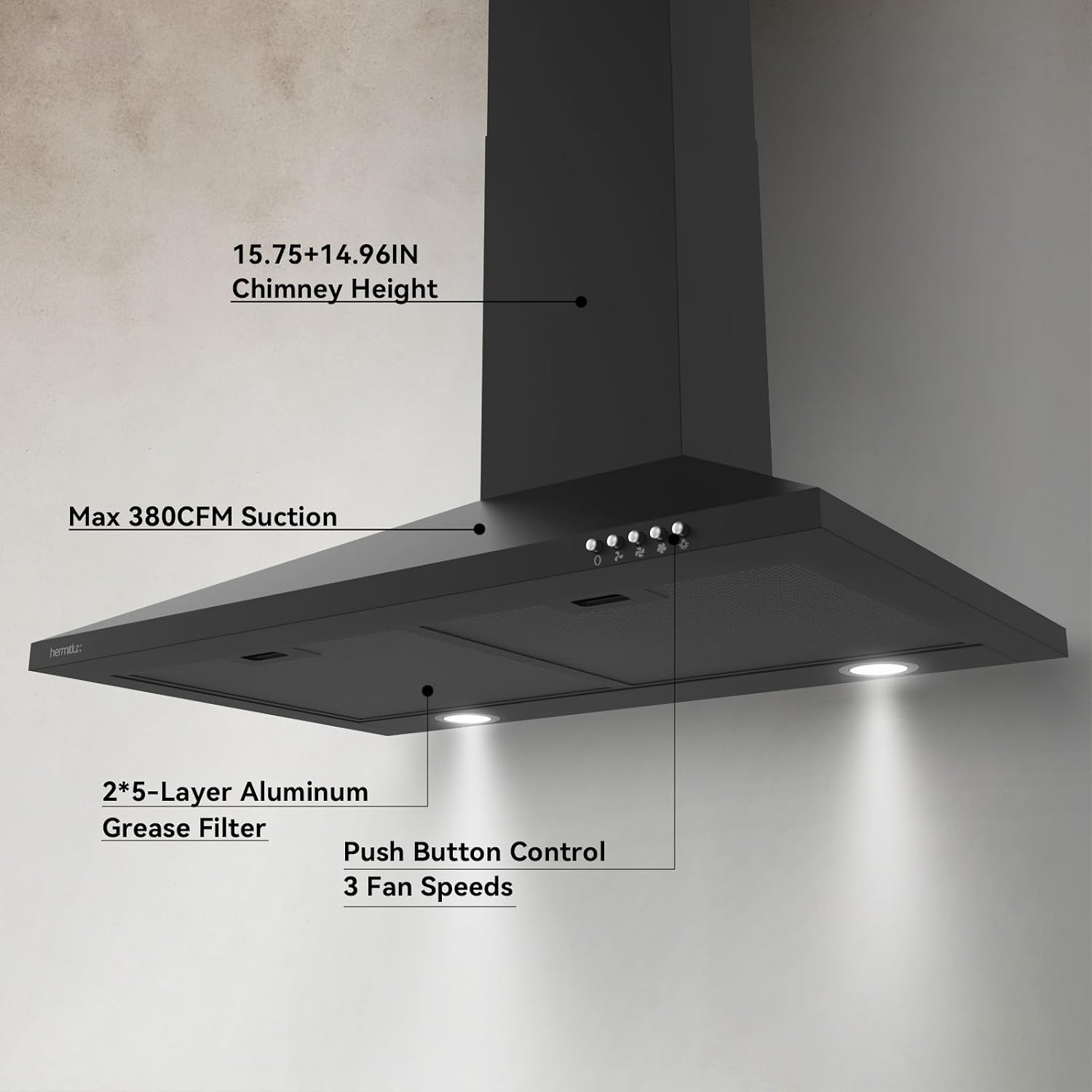 Hermitlux 30 inch Wall Mount Range Hood, Vent Hood for Kitchen with Charcoal Filter, Ducted/Ductless Convertible，Black