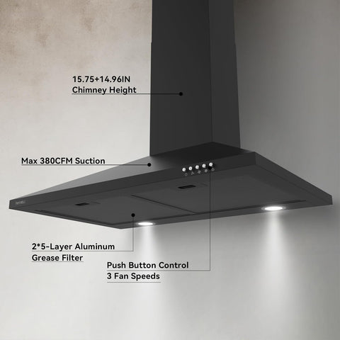 Hermitlux 30 inch Wall Mount Range Hood, Vent Hood for Kitchen with Charcoal Filter, Ducted/Ductless Convertible，Black