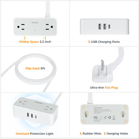 Surge Protector Power Strip, TESSAN Flat Extension Cord 5 Ft with 4 Outlets 3 USB(1 USB C) Charging Ports, Power Strips with Surge Protection, Wall Mount for Office, Home, Dorm Essentials