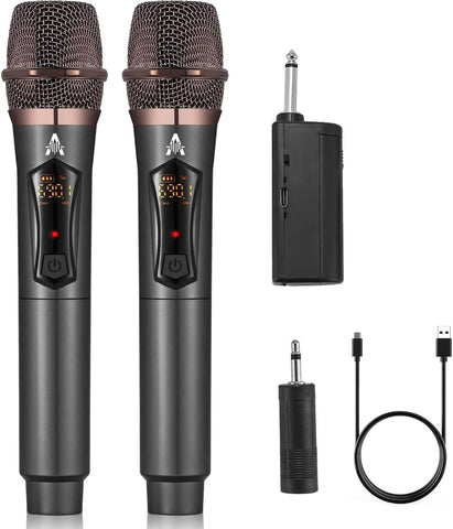 ALPOWL Wireless Microphones, Metal Dynamic Microphone System with Rechargeable Receiver, 50H Duration, 200ft Range, Microphone for Karaoke Singing, Wedding, DJ, Party, Speech, Church