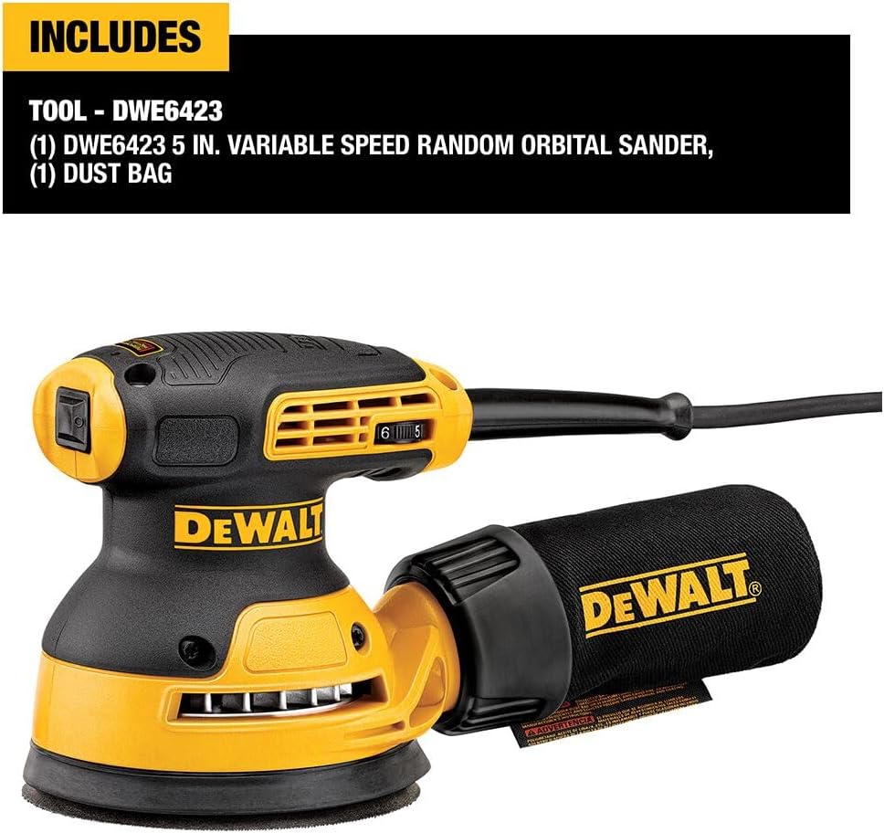 DEWALT Random Orbit Sander, Variable Speed, 5-Inch (DWE6423), Power Source Corded Electric