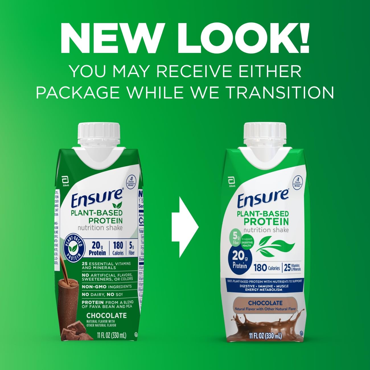 Ensure Plant-Based Protein Shake With 20g Protein, 5g Fiber, Ready to Drink, Chocolate, 11 Fl Oz, 12 Pack