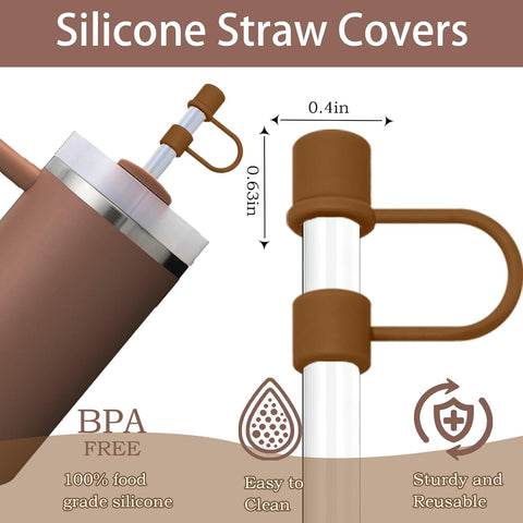 6PCS Silicone Straw Cover Cap Compatible with Stanley 30&40 Oz Tumbler Accessories Brown Straw Toppers Reusable Caps for Stanley Cup 10mm 0.4in Straws