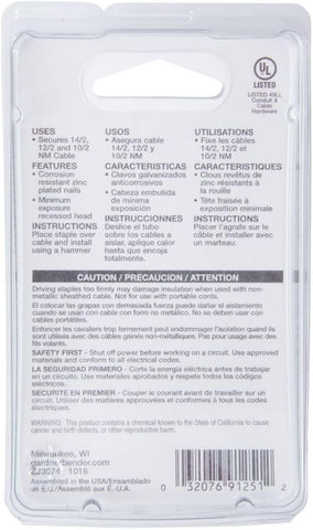 Gardner Bender PS-1550T Insulated Staples, ½ Inch., Secures Romex, UF & (NM) Non-Metalic Cable, Polyethylene - UV Resistant, Splinter Free, 15 Pk., White