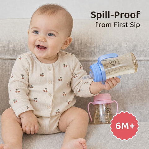 GROSMIMI Baby Straw Cup, Spill-Proof PPSU Sippy Cup with Rotating Handles for Babies & Toddlers 6+ Months, Silicone Straw, BPA-Free, Stage 1, 10oz/300ml (Aqua Green)