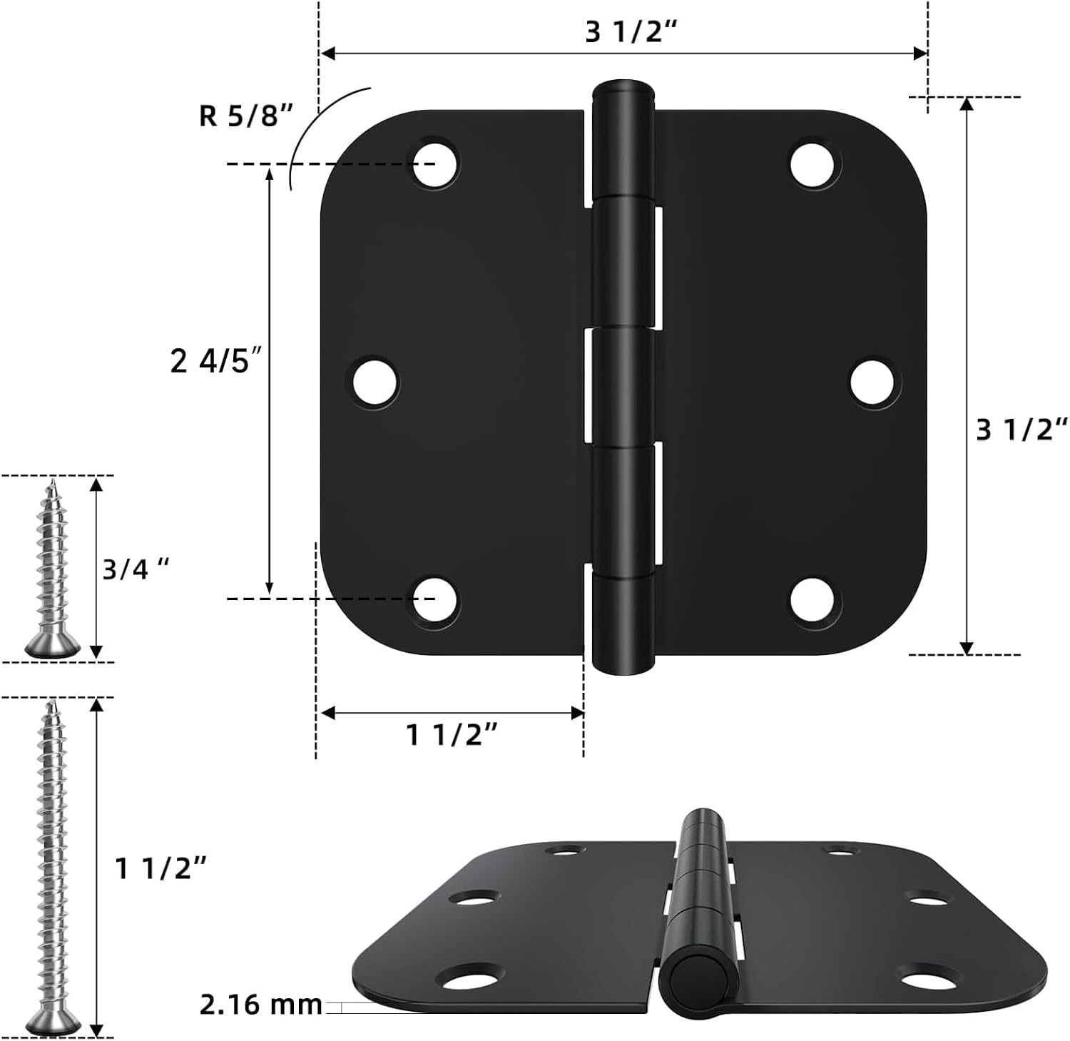 HOSOM 3 Pack Rounded Matte Black Door Hinges 3.5 x 3.5 inch with 5/8 Radius, Black 3 1/2 Interior Door Hinges, Flat Iron Bifold Residential Standard 3 ½"x 3 ½" Black Door Hardware