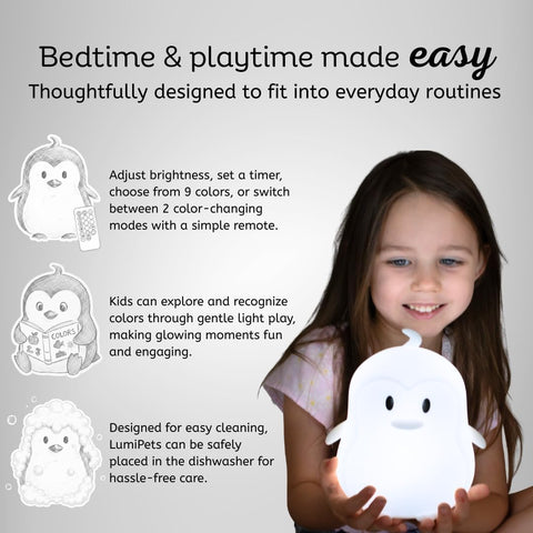 Lumipets Penguin Squishy Night Light for Kids, Silicone Lamp with Remote