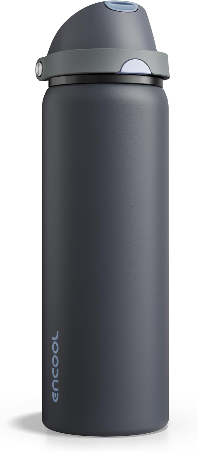 ENCOOL Insulated Water Bottle with Straw Stainless Steel Water Bottle with Push Button Lid, Leak-Proof & BPA-Free, Keeps Cold for 24 Hours for Sports, Travel, Gym (32 oz, Tuna Grey-Silver)