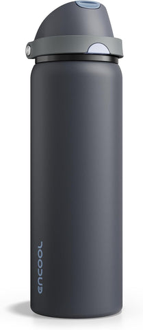 ENCOOL Insulated Water Bottle with Straw Stainless Steel Water Bottle with Push Button Lid, Leak-Proof & BPA-Free, Keeps Cold for 24 Hours for Sports, Travel, Gym (32 oz, Tuna Grey-Silver)