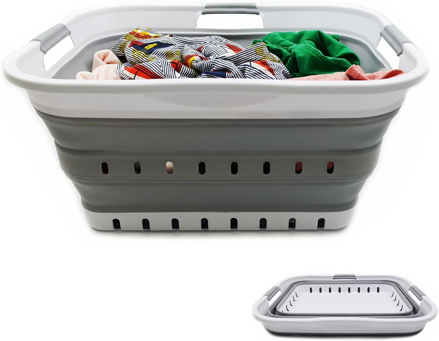 SAMMART 42L (11 gallon) Collapsible Plastic Laundry Basket - Foldable Pop Up Storage Container/Organizer - Space Saving Hamper/Basket (1, White/Grey)