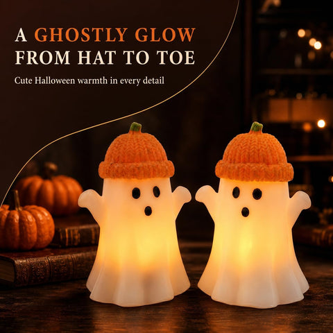 Enido Ghost with Pumpkin Hat Flameless Candles with Remote, Set of 2 Cute Real Wax LED Halloween Candles, Battery Operated Tea Lights, 2/4/6/8H Timer for Kids Room, Fall Tiered Tray Decor