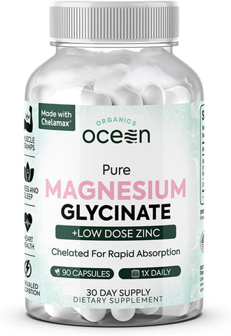 Organics Ocean Pure Magnesium Glycinate with Zinc - Maximum Strength Chelated Magnesium Supplement for Women and Men for Muscle Cramps and Sleep Support - 90 Capsule