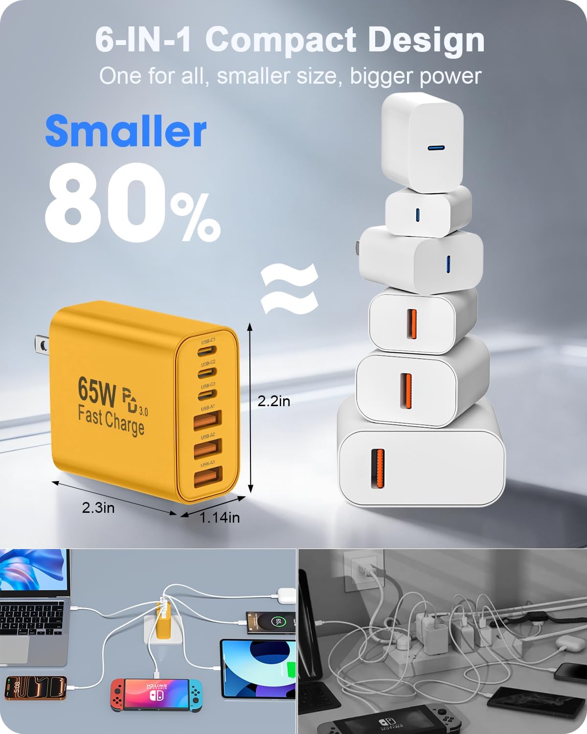2-Pack 65W USB C Charger Block, 6-Port Fast Wall Charging Block [3 PD USB-C & 3 QC USB-A] for iPhone 17 16 15 Pro Max, iPad Pro, Galaxy S26 S25, Pixel 10 9, iWatch,Google & More