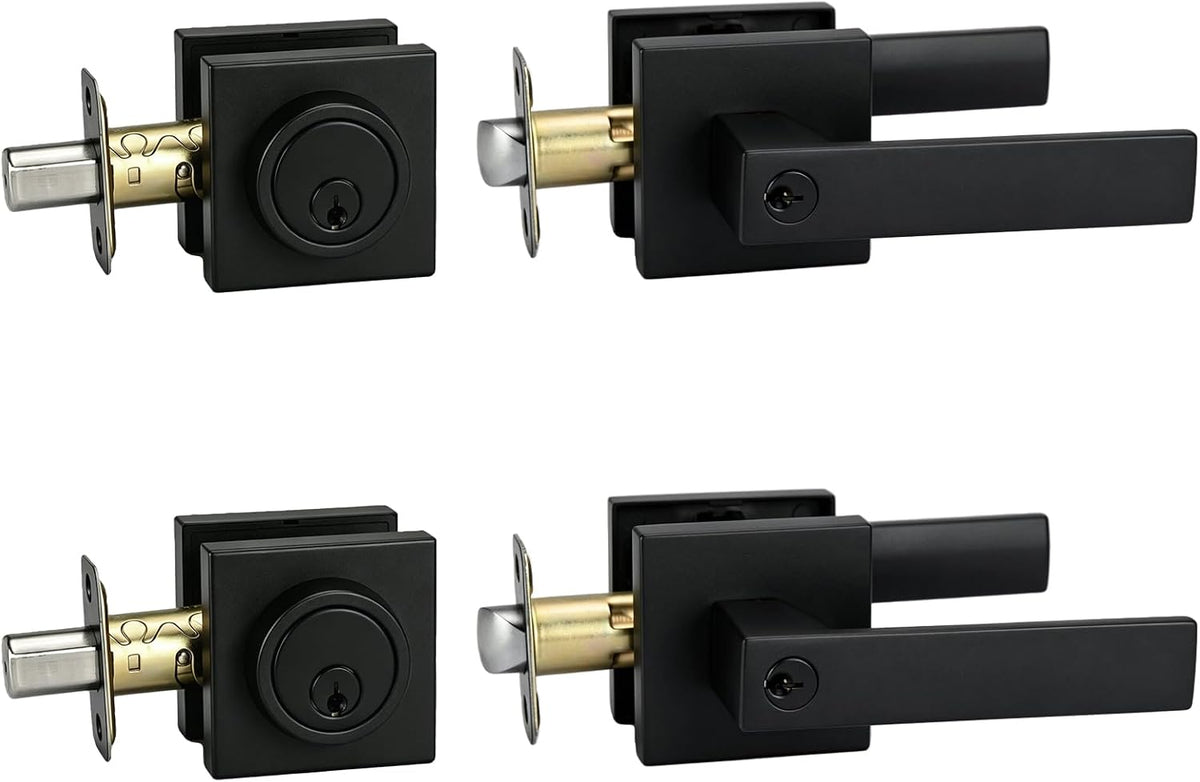 Exterior Door Lock Set with Deadbolt, Keyed Alike Door Handle with Lock, Heavy Duty Matte Black Door Knob and Deadbolt Combo for Front Entry Door, 2 Pack