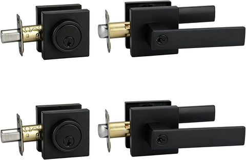 Exterior Door Lock Set with Deadbolt, Keyed Alike Door Handle with Lock, Heavy Duty Matte Black Door Knob and Deadbolt Combo for Front Entry Door, 2 Pack