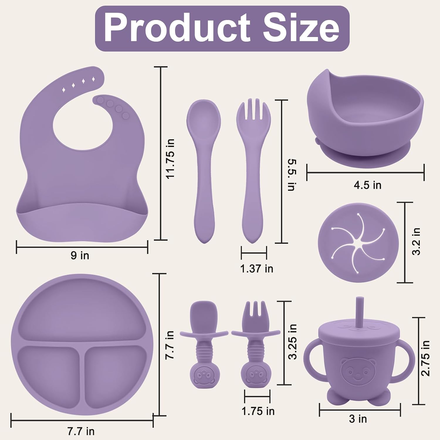 Silicone Baby Feeding Set | Baby Led Weaning Supplies Includes Suction Bowls and Divided Plates, Adjustable Bib, Baby Utensils Spoons and Forks,Cup | Baby Feeding Essentials (Purple)