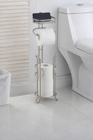 SunnyPoint Bathroom Heavyweight Toilet Tissue Paper Roll Storage Holder Stand with Reserve and Shelve, The Reserve Area Has Enough Space to Store Mega Rolls. (SN)