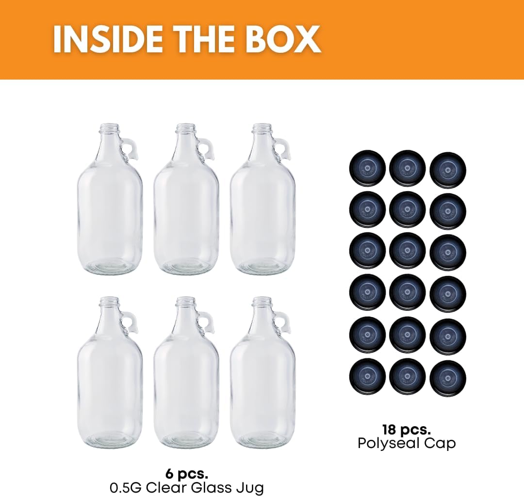 64oz Glass Jug 6-Pack with 18 Polyseal Caps for liquids | Half Gallon Jug