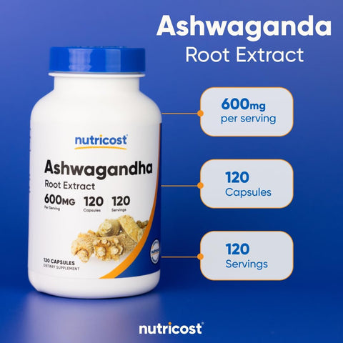 Nutricost Ashwagandha Herbal Supplement 600mg, 120 Capsules, Gluten-Free
