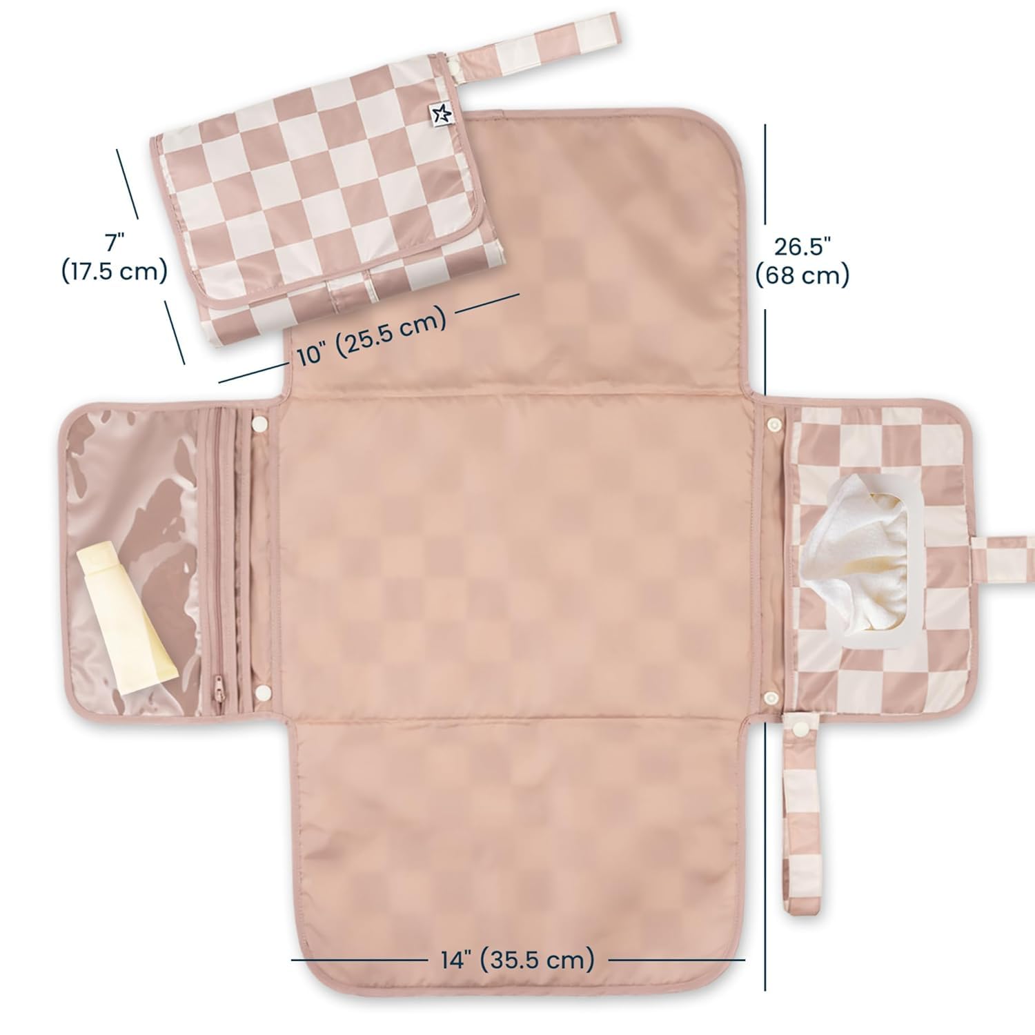 Tiny Twinkle Portable Diaper Changing Pad | Waterproof, Wipeable & Compact Baby Changing Pad for Travel | Smart Wipes Pocket & Organized Storage| Newborn Shower Gift (Beige Checkers)