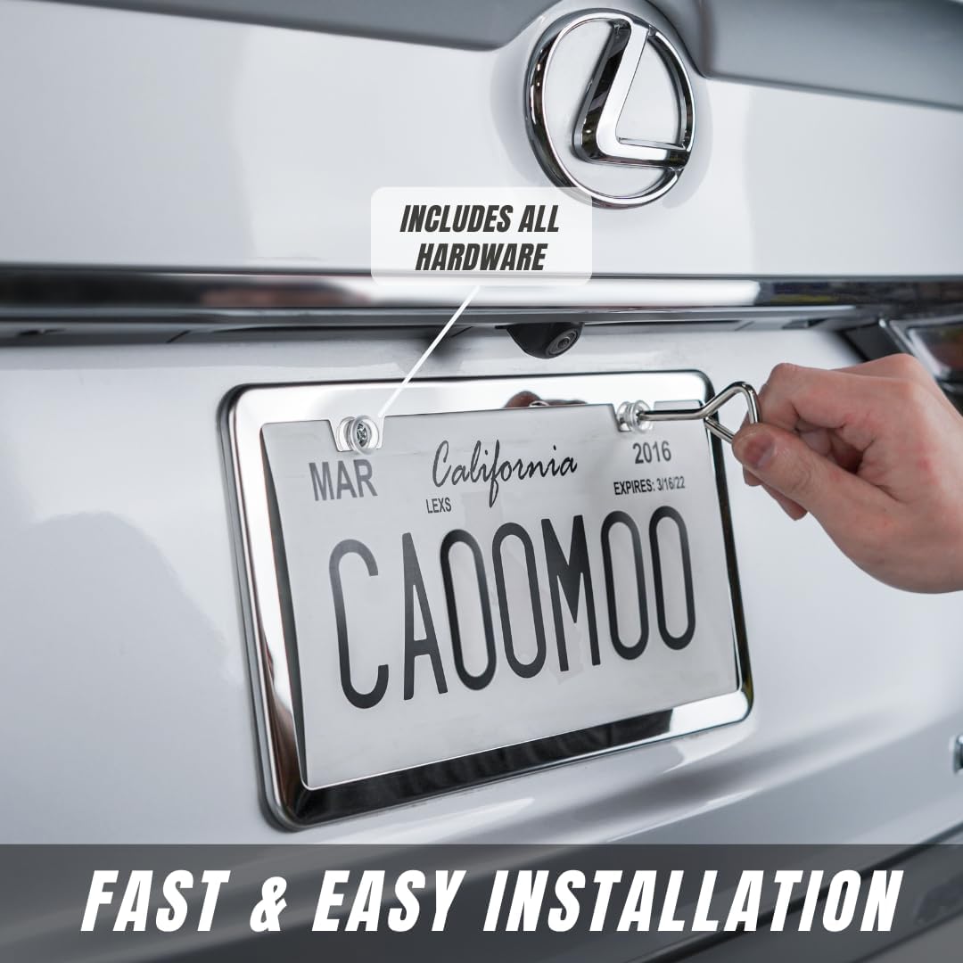 SunplusTrade 2 Stainless Steel Polish Mirror License Plate Frame + Chrome Screw Caps (Silver)