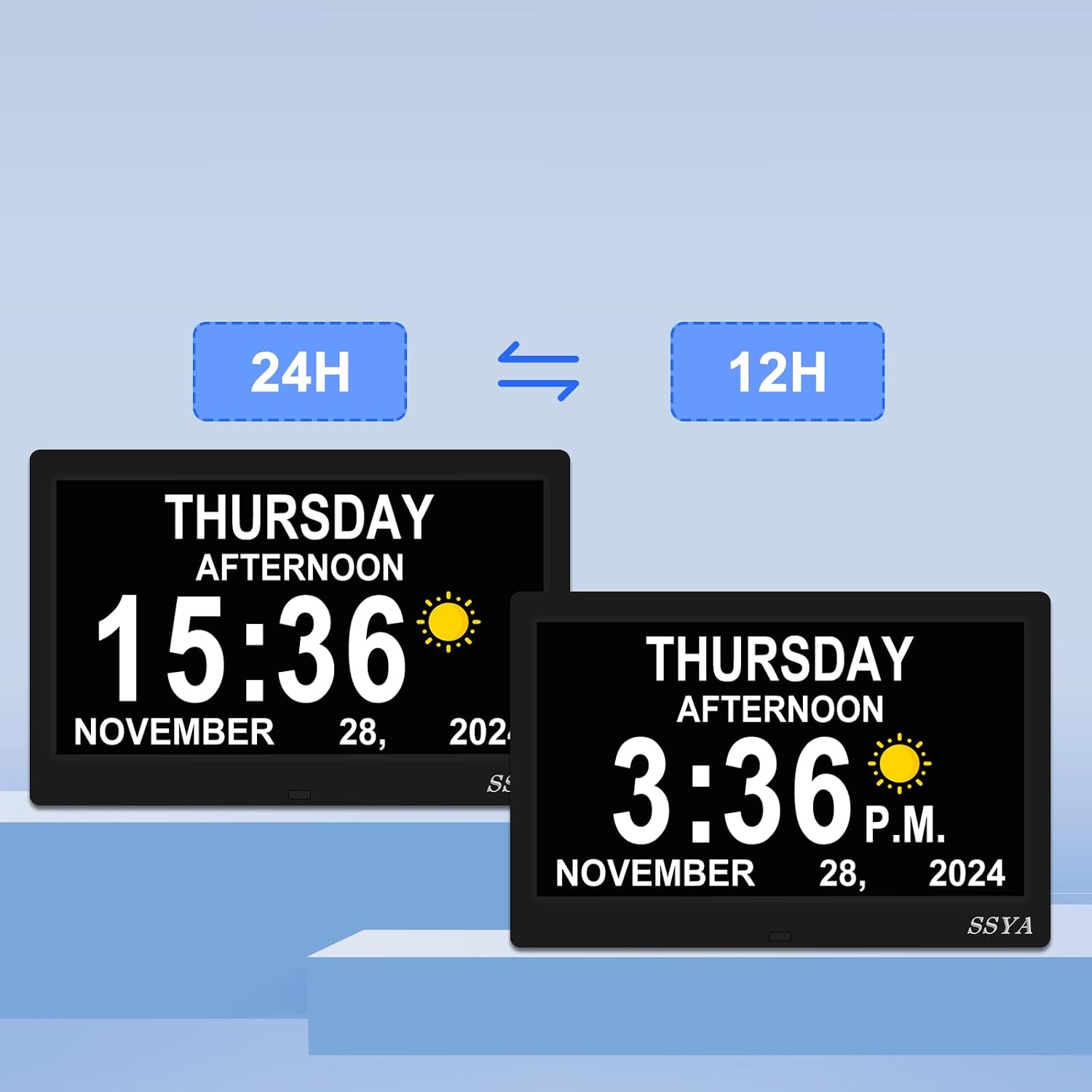 SSYA Dementia Clock for Seniors, Digital Clock with Date and Day of Week, Auto DST, Non-Abbreviated Large Calendar Alarm Clocks (Black)