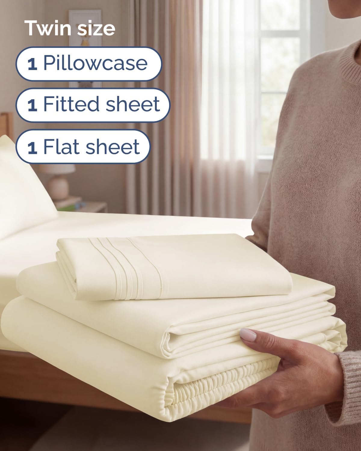 Twin Size 3 Piece Sheet Set - Comfy Breathable & Cooling Sheets - Off White