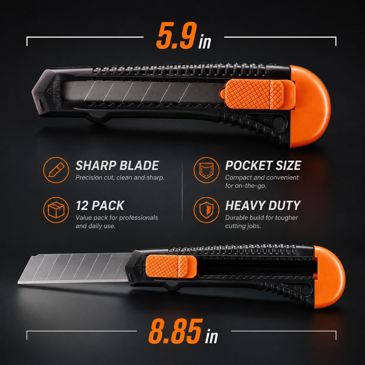 REXBETI 12-Pack Utility Knife, Retractable Box Cutter for Cartons, Cardboard and Boxes, 18mm Wider Razor Sharp Blade, Smooth Mechanism, Perfect for Office and Home use