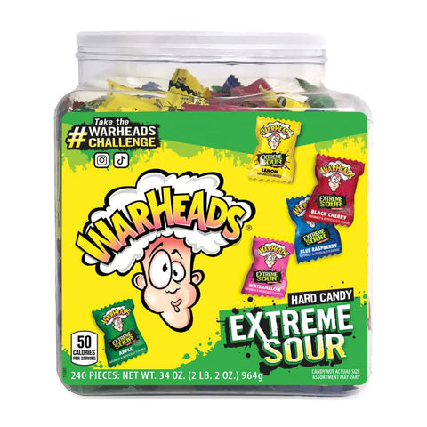 WARHEADS Extreme Sour Hard Candy Assorted Flavors 34 oz Resealable Tub