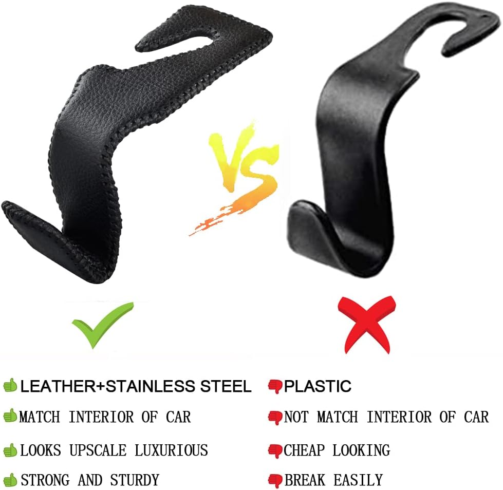 2 Pack Car Headrest Hooks, Microfiber Leather & Alloy Purse Hook Holds 45lb