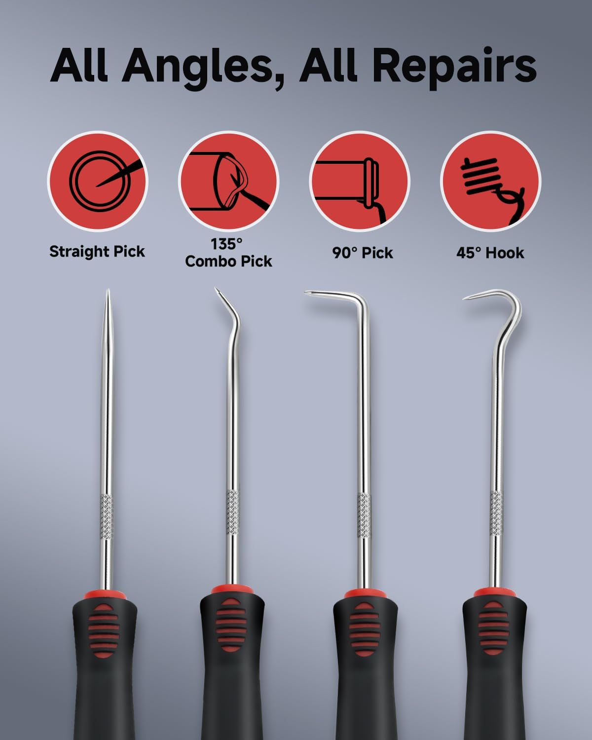 4-Piece Pick Set Mechanic, Automotive Hook and Pick Set with Soft Grip & Non-Slip Shaft, Precision Pick Tool & O Ring Pick for Oil Seal, Gasket, Electronics Repair Hose Repair Kits